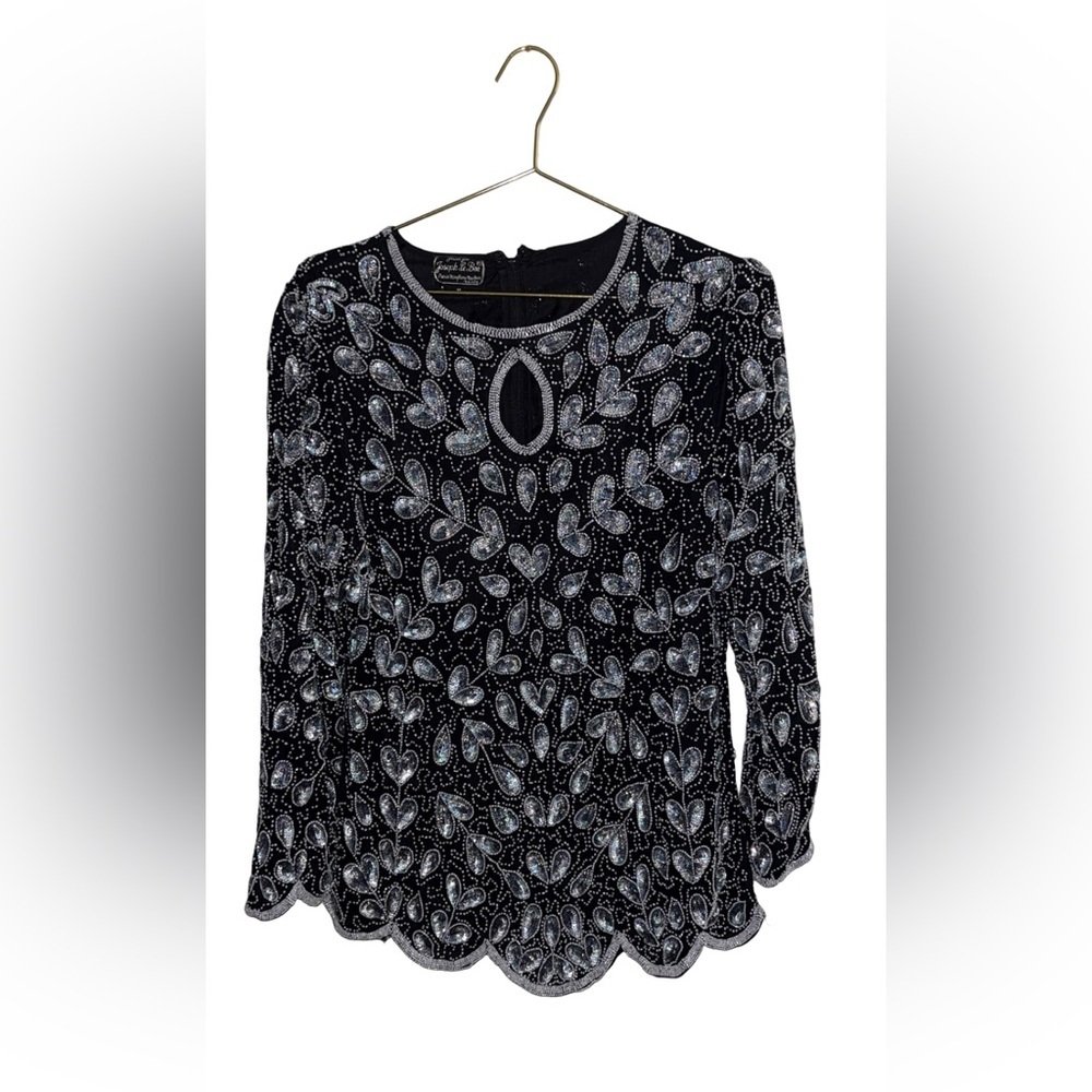 Vintage 80’s Joseph Le Bon Black Silver Fully Beaded Blouse Size Medium P2P 20”